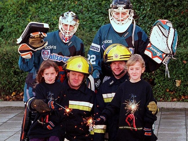 Pictured at the Sheffield Arena, where the DTI Firework Safety Campaign focused on sparklers after last years injury statistics showed the sparkler to be responsible for a lot of injuries. They are asking people to put gloves on when holding sparklers. Seen are Steelers net minders Grant Sjerven, and Jim Hibbert with their gloves, along with firemen John Ruane and Paul Betsworth, and sisters Jesseca Laxdal and Jaime Laxdel, October 26, 1998