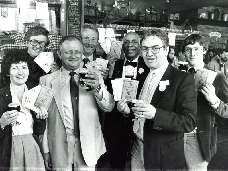 Roger Howill, licensee of the Frog & Parrot, Division Street, celebrating the launch of his new "Roger & Out" special beer in June 1985