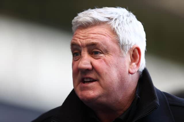 Newcastle United head coach Steve Bruce holds an interview after the English Premier League football match between West Bromwich Albion and Newcastle United at The Hawthorns stadium in West Bromwich, central England, on March 7, 2021.