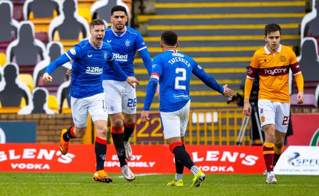 Rangers sub Cedric Itten celebrates after scoring to make it 1-1 during the Scottish Premiership match against Motherwell at Fir Park (Photo by Craig Williamson / SNS Group)