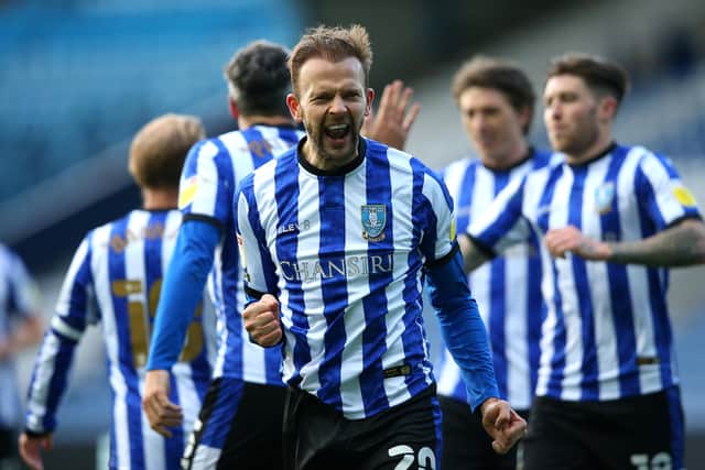 Jordan Rhodes of Sheffield Wednesday celebrates after scoring their side's fourth goal during the demolition of Cardiff City.
