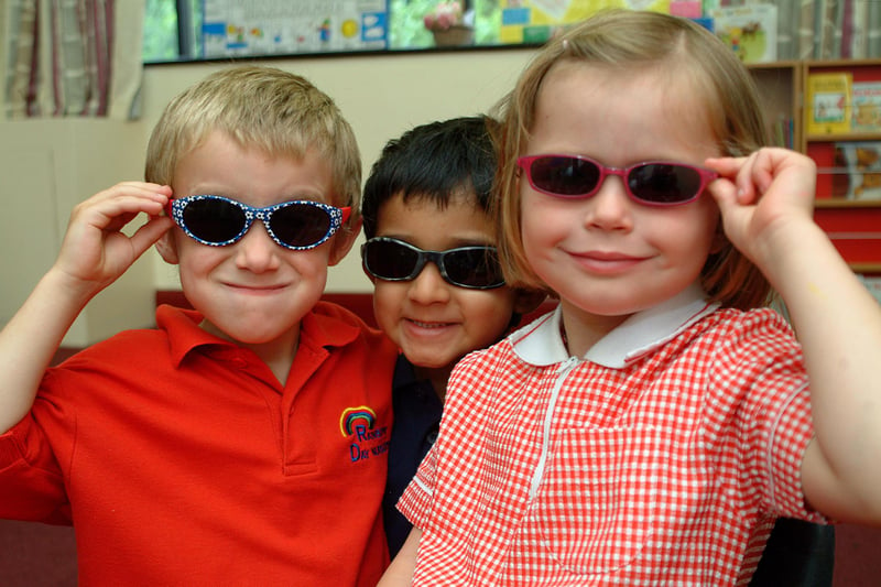 Children from Rainbow Day Nursery, Parish Centre, Church Lane, Carlton-in-Lindrick held a sponsored shades day in aid of guide dogs for the blind.
Picture:L-R: Alex Bonham (4), Sachian Takher (3) & Lucy Norman (4).