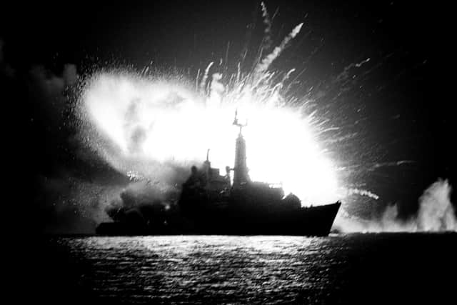 An Argentinian bomb explodes February 23, 1982, on board the Royal Navy frigate HMS Antelope killing the bomb disposal engineer who was trying to defuse it. The ship was part of the British Task Force engaged in the recapture of the Falkland Islands. ... HMS Antelope ... 23-05-1982 ... SAN CARLOS BAY ... EAST FALKLAND ... PRESS ASSOCIATION photo. Photo Credit should read: CLEAVER   MARTIN CLEAVER/PA. Unique Reference No. 1252500 ... 