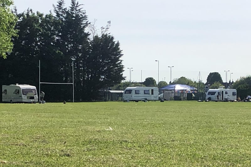 Travellers set up at Portsmouth Rugby Football Club in Hilsea on May 21, 2020