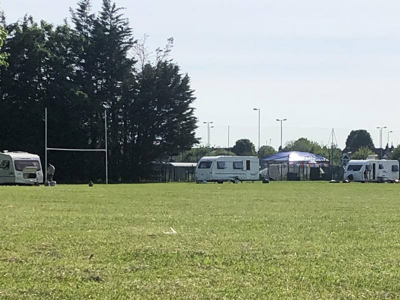 Travellers set up at Portsmouth Rugby Football Club in Hilsea on May 21, 2020