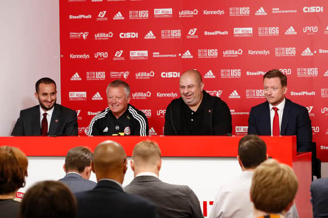 Prince Musa’ad, Chris Wilder, H.R.H Prince Abdullah and Stephen Bettis at a press conference introducing the new owners of Sheffield United at Bramall Lane: Simon Bellis/Sportimage