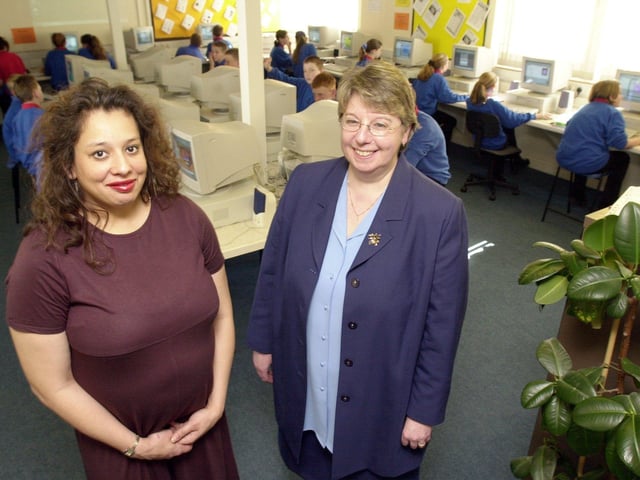 Janet Wright and headteacher Jan Featherstone in the ICT class at  Stocksbridge High School, Sheffield, in May 2002