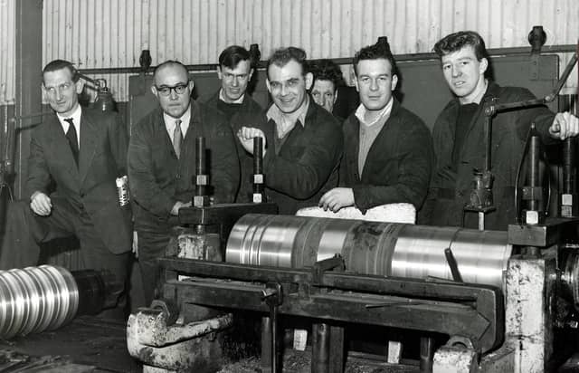 Workers in the roll turning department at Tinsley Rolling Mills in 1963