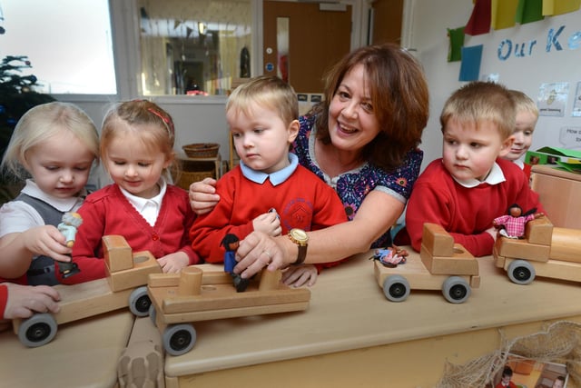 Headteacher Christine Collins with pupils at Hylton Red House Nursery School which celebrated an outstanding Ofsted report seven years ago.