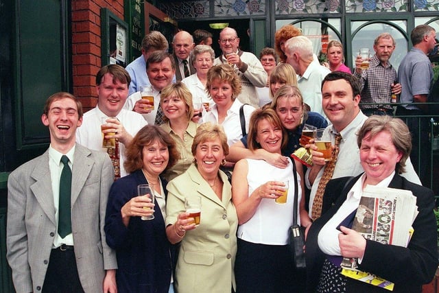 The Norfolk Arms on Ecclesall Road, Sheffield, where Wards brewery workers are seen having a farewell drink in July 1999