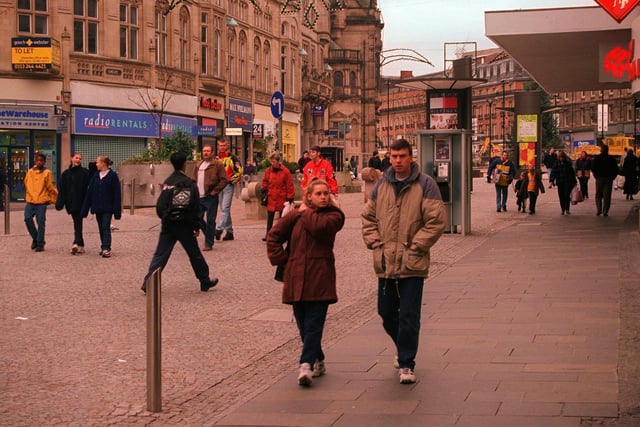 Shoppers on Fargate in Sheffield city centre in November 1998. The shops visible include Foot Locker and Radio Rentals