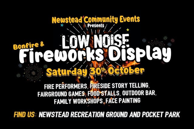 Our first ever low noise fireworks display courtesy of the spectacular, award winning, Dynamite Fireworks.
The event is in consideration for pets, wildlife, those with sensory disorders and PTSD. 
On the night there will be: Fire performers, fireside stories, professionally-built bonfire, fairground rides, outside bar, food stalls, family workshop, face painting, woodland fairy  rail and raffle.
The event is free, but donations are welcomed.
They are also looking for sponsors, please contact Newstead Community Events age on Facebook: https://www.facebook.com/newsteadcommunityevents/
Bonfire lit: 6pm, fireworks: 7pm.
PLEASE NOTE: We strongly encourage travel by public transport as the county park car park will be closed off. 
Limited disabled parking will be available at Newstead Centre.