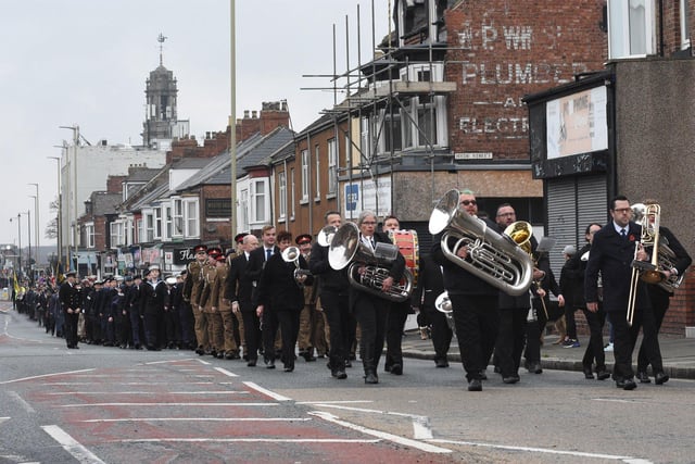 The Westoe Brass Band leading the parade from the Town Hall to the Westoe War Memorial.
