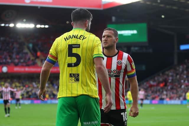 Sheffield United captain Billy Sharp squares up to Norwich City's Grant Hanley: Simon Bellis / Sportimage