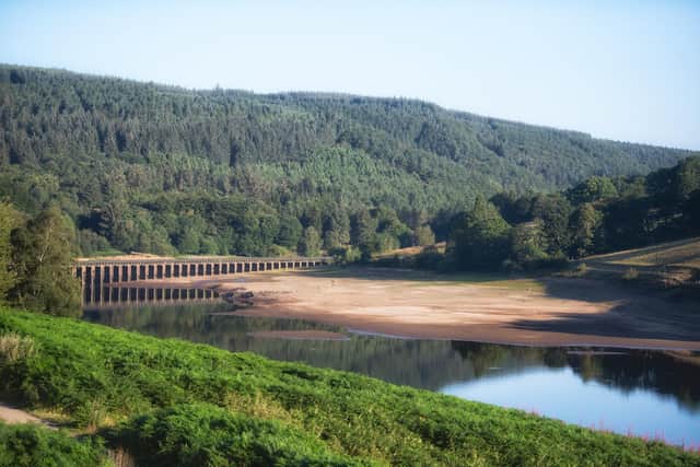 A photo of Ladybower reservoir, with heavily reduced water levels. Photo taken by Villager Jim.