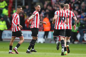 Max Lowe of Sheffield United celebrates after his shot deflects off of Sam Gallagher: Simon Bellis / Sportimage