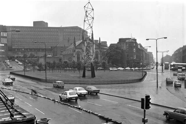 The roundabout and 'kinetic sculpture' (one of Edinburgh's first examples of community art) at the top of Leith Walk/Picardy Place in Edinburgh, July 1981.