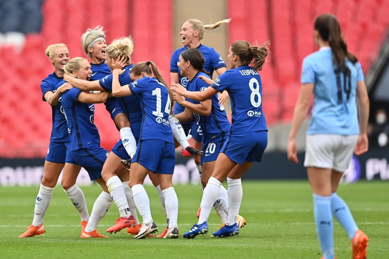 Millie Bright celebrates with teammates after scoring her team's first goal  during the FA Community Shield Final at Wembley Stadium on August 29, 2020.
