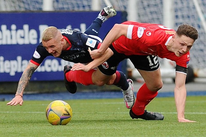 Falkirk's Callumn Morrison tangling with Clyde's Craig Howie