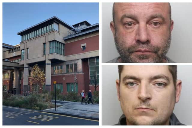 Ian Askey (top right) and Benjamin Mellor (bottom right) were among those sentenced at Sheffield Crown Court (left) in the last week