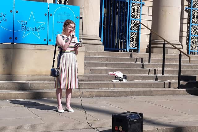 Olivia Blake addresses the transgender rally on the steps of Sheffield City Hall. The rally was calling for a ban on conversion therapy on transgender people