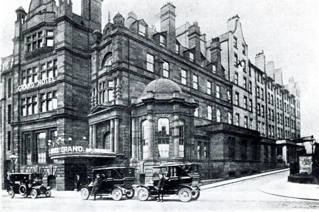 The Grand Hotel, Sheffield, which fronted onto Balm Green, is seen here in its early days from the Leopold Street side.  Opened in April 1910, it closed in February 1971, and the Fountain Precinct development has replaced it.  A famous long-time resident of the Grand was John Spitzer, former manager of the Empire Theatre.