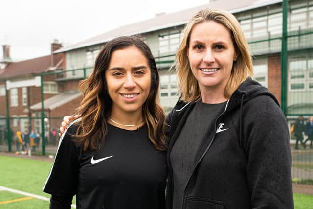 Barclays Football Ambassadors (L-R) songwriter Chelcee Grimes, who plays for Fulham Ladies, and former Arsenal and England forward Kelly Smith MBE