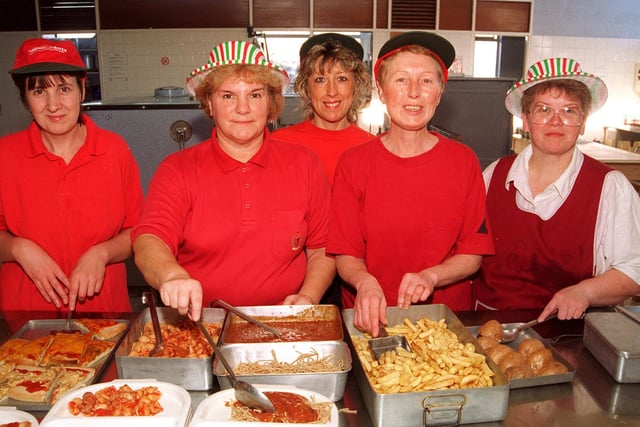 Pictured at Whiteways School in 1996,  Grimesthorpe, Sheffield, where dinner ladies were serving Italian type dishes dressed in Italian Red. Seen LtoR are,  Pauline Rodgers, Pauline Barrett,Patricia Mellor, Diana Elvin, and Brenda Rodgers.
