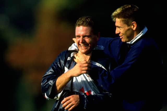 Chris Waddle and Paul Gascoigne share one of many lighter moments while on England duty back in October 1990.