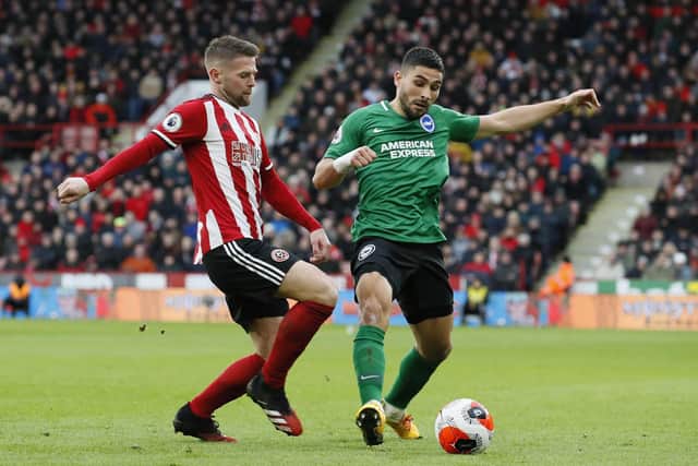 Oliver Norwood of Sheffield United tackles Neal Maupay of Brighton during the Premier League match at Bramall Lane, Sheffield.  Simon Bellis/Sportimage