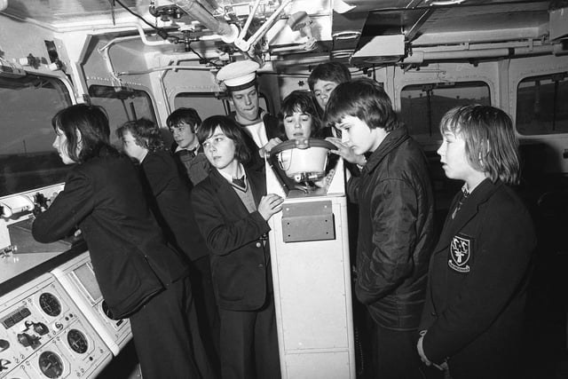 Pupils of St Aidans School get to look over the bridge of HMS Bacchante on a visit to the frigate in February 1976. Remember this?