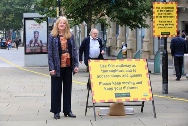 Shops in Sheffield City Centre start to reopen on Monday June 15th. Shoppers on Fargate. Diane Jarvis from Sheffield BID. Picture: Chris Etchells