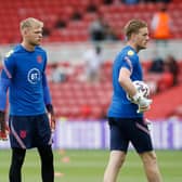 Dean Henderson, Aaron Ramsdale and Jordan Pickford of England warm up: Darren Staples / Sportimage