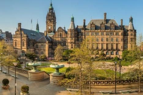 View of Sheffield Council Town Hall from the Peace Gardens.