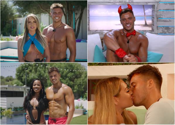 Amble's Brad McClelland on Love Island and paired with Faye Winter, top left; then Rachel Finni, bottom left; and snogging with newcomer Lucinder Strafford.