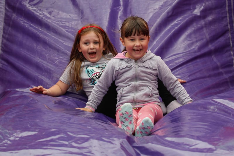 Tessie and Amber hit the big slide at Bonnybridge Gala Family Fun Day. Picture: Scott Louden.