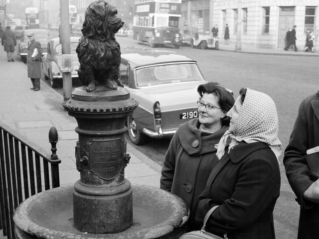 The 1963 case of the missing Bobby was soon solved after students admitted it was a prank. Mrs S Denzie and Mrs J Docherty are pictured admiring the newly-restored statue.