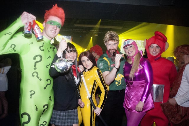 A fun night out for this group at Sheffield's Biggest Fancy Dress Ball in The Hubs, Hallam University, Paternoster Row, Sheffield in April 2013