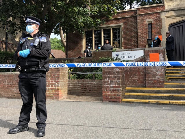 Police in Cosham after an area by the library was cordoned off this morning.