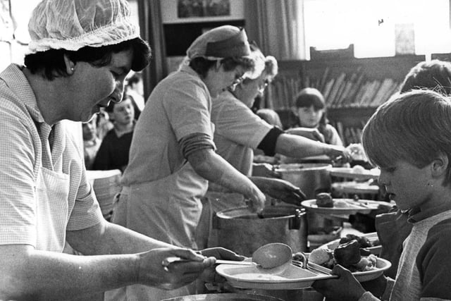 Children at Whitburn Junior School being served with their school lunches in 1984. Have you spotted anyone you know?