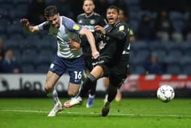 Rhian Brewster of Sheffield United (R) is fouled by Andrew Hughes of Preston North End, resulting in a penalty: Simon Bellis / Sportimage