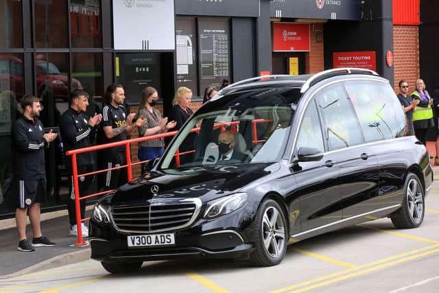 The funeral of former Sheffield United captain Len Badger passes Bramall Lane. Picture: Chris Etchells