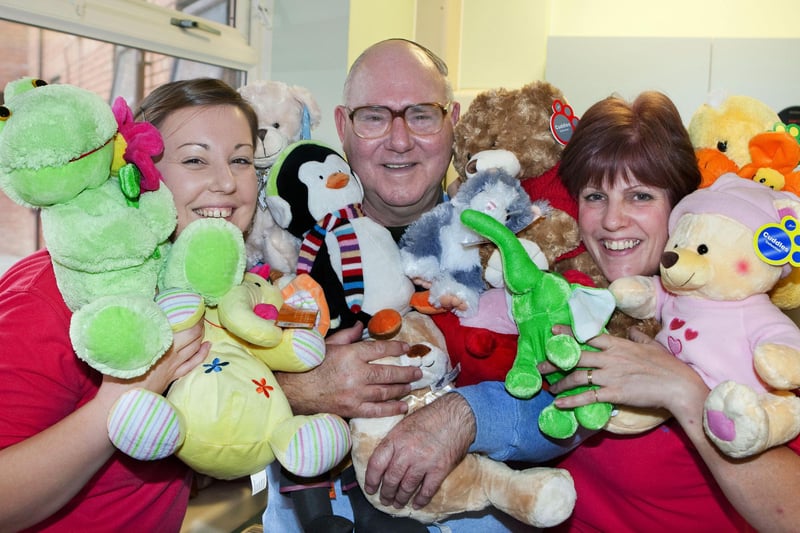 Dennis Widdowson from Shirebrook donates toys to staff at Chesterfield Royal Hospital's Nightingale ward.