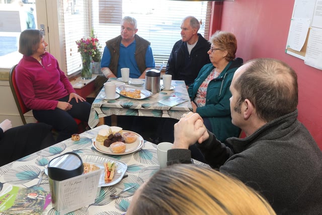 The veterans group met for tea and a chat at the Grapevine Cafe in 2018