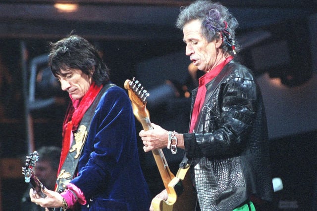 Ronnie Wood and Keith Richards of the Rolling Stones on stage at Don Valley Stadium in June 1999