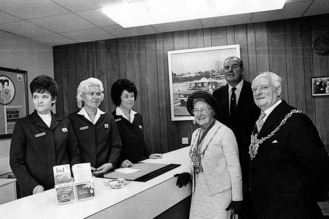 The Lord Mayor and Lady Mayoress of Sheffield, Coun and Mrs Albert Richardson, with the chairman of the RAC, Sir Clive Bossom, and office staff at the official opening of the new office in Hereford Street, Sheffield.  September 1975
