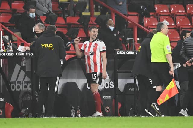 SHEFFIELD, ENGLAND - MARCH 03: Phil Jagielka of Sheffield United reacts after being shown a red card during the Premier League match between Sheffield United and Aston Villa at Bramall Lane on March 03, 2021 in Sheffield, England. Sporting stadiums around the UK remain under strict restrictions due to the Coronavirus Pandemic as Government social distancing laws prohibit fans inside venues resulting in games being played behind closed doors. (Photo by Stu Forster/Getty Images)