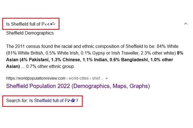 The inflammatory suggestion - "is Sheffield full of p***s?" - expanded to show demographic data about the city.