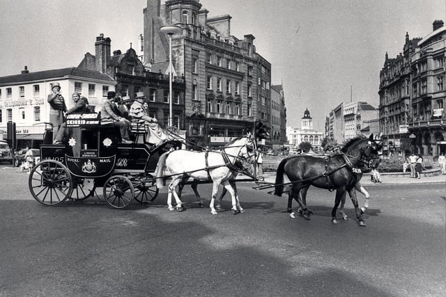 The Old Royal Mail Coach from London to Edinburgh called in at Sheffield on August 30, 1979, at the top of Fargate.