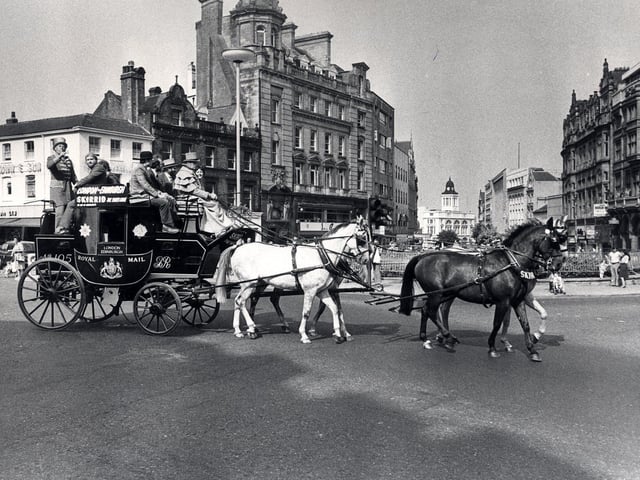 The Old Royal Mail Coach from London to Edinburgh called in at Sheffield on August 30, 1979, at the top of Fargate.
